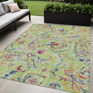 Homeroots 3' Artichoke Green And Pink Paisley Washable Area Rug - Perfect For Indoor And Outdoor Spaces! 5' X 8' Polyester 588589