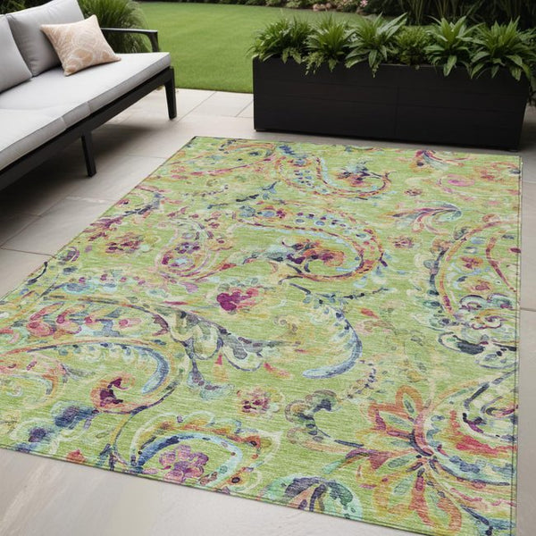 Homeroots 3' Artichoke Green And Pink Paisley Washable Area Rug - Perfect For Indoor And Outdoor Spaces! 5' X 8' Polyester 588589