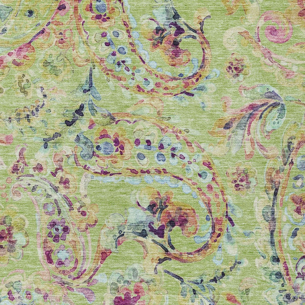 Homeroots 3' Artichoke Green And Pink Paisley Washable Area Rug - Perfect For Indoor And Outdoor Spaces! 5' X 8' Polyester 588589