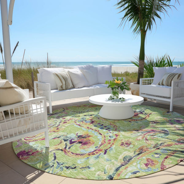 Homeroots 3' Artichoke Green And Pink Paisley Washable Area Rug - Perfect For Indoor And Outdoor Spaces! 8' Round Polyester 588590