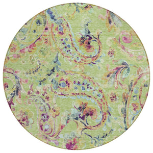 HomeRoots 5' Timeless Artichoke Green & Pink Paisley Area Rug - Durable, Washable Design for Indoor/Outdoor Use 8' Round 588590