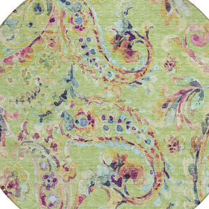 Homeroots 3' Artichoke Green And Pink Paisley Washable Area Rug - Perfect For Indoor And Outdoor Spaces! 8' Round Polyester 588590