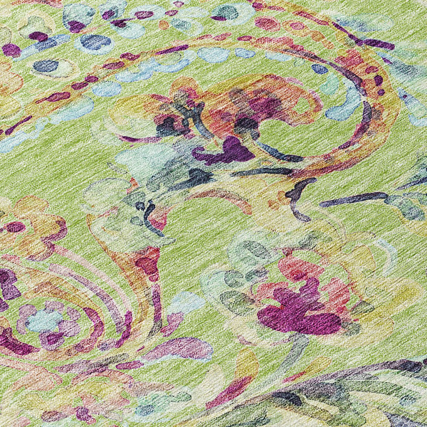 Homeroots 3' Artichoke Green And Pink Paisley Washable Area Rug - Perfect For Indoor And Outdoor Spaces! 8' Round Polyester 588590