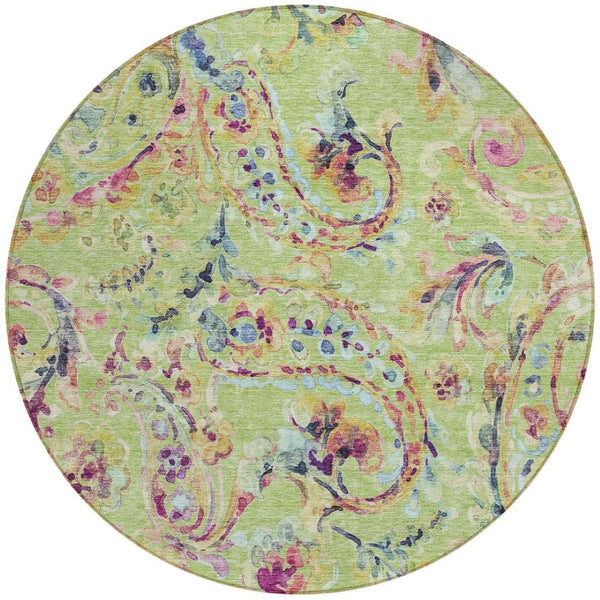 Homeroots 3' Artichoke Green And Pink Paisley Washable Area Rug - Perfect For Indoor And Outdoor Spaces! 8' Round Polyester 588590