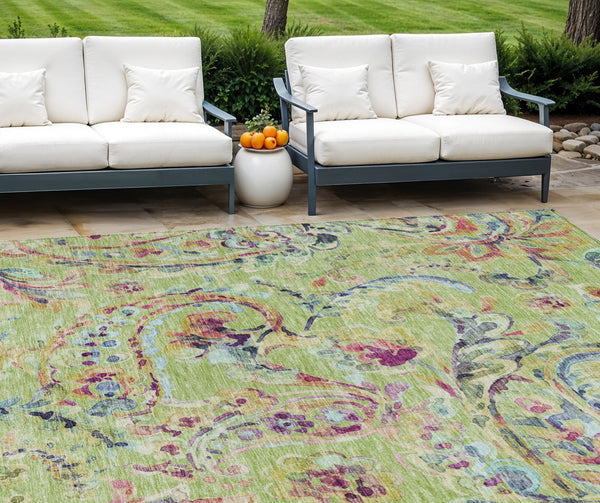 Homeroots 3' Artichoke Green And Pink Paisley Washable Area Rug - Perfect For Indoor And Outdoor Spaces! 8' X 10' Polyester 588591