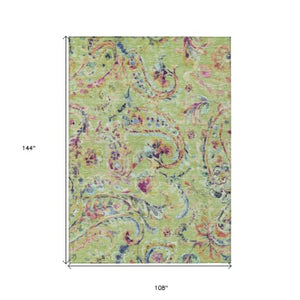 Homeroots 3' Artichoke Green And Pink Paisley Washable Area Rug - Perfect For Indoor And Outdoor Spaces! 9' X 12' Polyester 588592