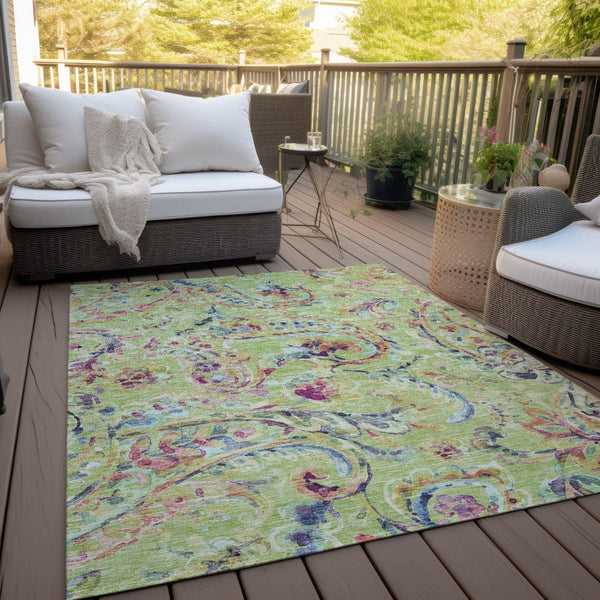 Homeroots 3' Artichoke Green And Pink Paisley Washable Area Rug - Perfect For Indoor And Outdoor Spaces! 9' X 12' Polyester 588592