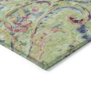 Homeroots 3' Artichoke Green And Pink Paisley Washable Area Rug - Perfect For Indoor And Outdoor Spaces! 9' X 12' Polyester 588592