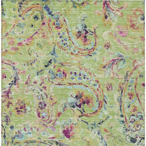 Homeroots 3' Artichoke Green And Pink Paisley Washable Area Rug - Perfect For Indoor And Outdoor Spaces! 9' X 12' Polyester 588592