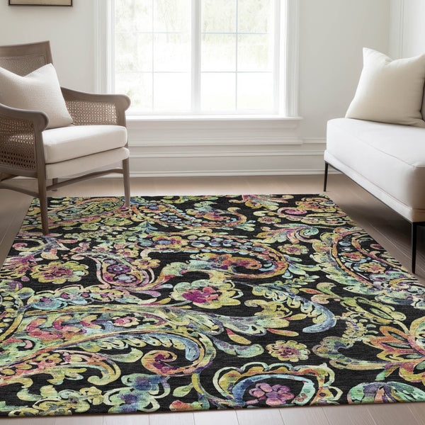 Homeroots 3' Artichoke Green And Pink Paisley Washable Area Rug - Perfect For Indoor And Outdoor Spaces! 3' X 5' Polyester 588594