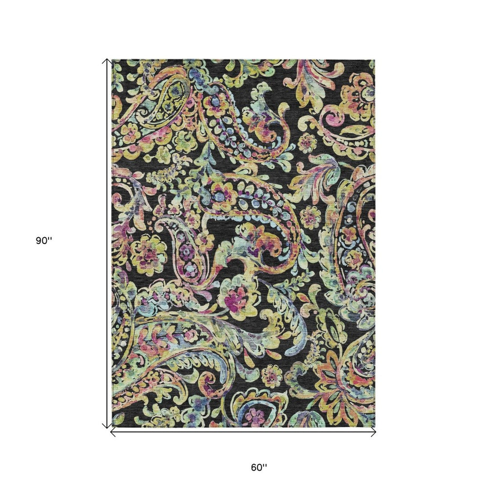 HomeRoots 5' Stylish Black and Artichoke Green Paisley Washable Area Rug for Indoor and Outdoor Durability 5' X 8' 588595