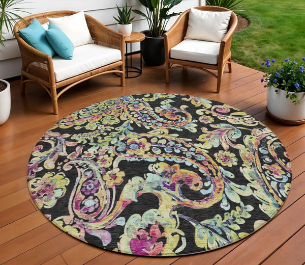 Homeroots 3' Artichoke Green And Pink Paisley Washable Area Rug - Perfect For Indoor And Outdoor Spaces! 8' Round Polyester 588596