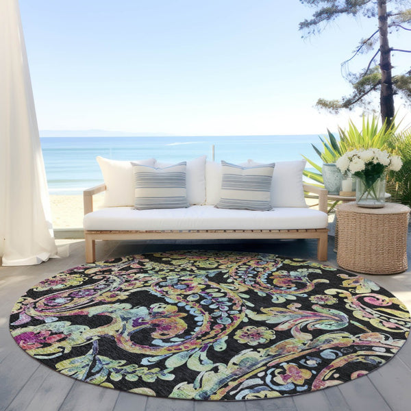 Homeroots 3' Artichoke Green And Pink Paisley Washable Area Rug - Perfect For Indoor And Outdoor Spaces! 8' Round Polyester 588596