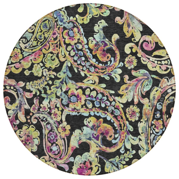 HomeRoots 5' Stylish Black and Artichoke Green Paisley Washable Area Rug for Indoor and Outdoor Durability 8' Round 588596