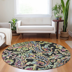 Homeroots 3' Artichoke Green And Pink Paisley Washable Area Rug - Perfect For Indoor And Outdoor Spaces! 8' Round Polyester 588596