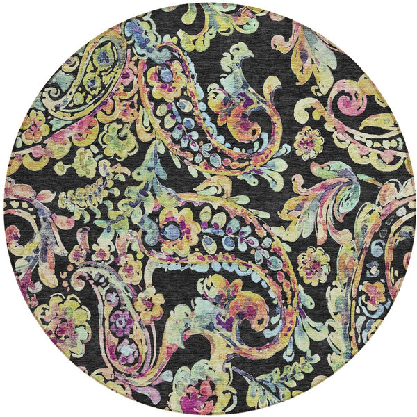 Homeroots 3' Artichoke Green And Pink Paisley Washable Area Rug - Perfect For Indoor And Outdoor Spaces! 8' Round Polyester 588596