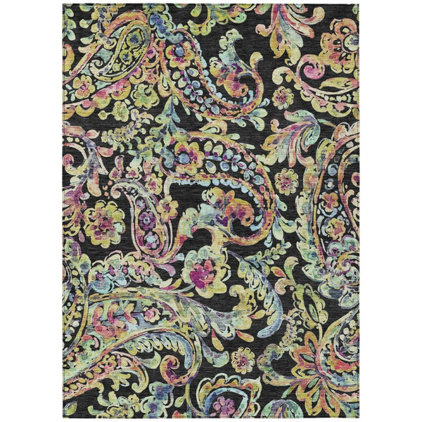 HomeRoots 9' Black and Artichoke Green Paisley Area Rug - Washable, Durable, Indoor/Outdoor Charm for Every Space 9' X 12' 588598