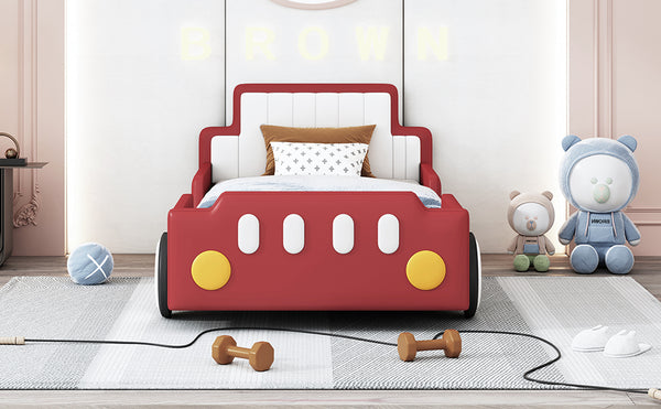 English Elm Twin Race Car-Shaped Platform Bed with Safety Rails and Sturdy Slats for Kids’ Room Comfort Red SF000127AAJ