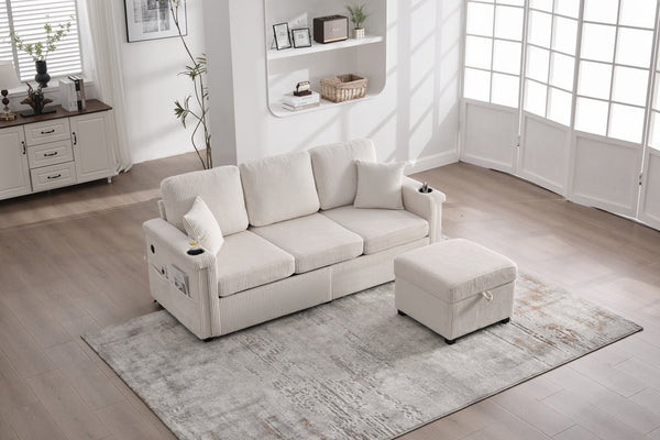 English Elm UNITED Corduroy L-Shaped Sectional Sofa with Storage Ottoman, USB Ports, Cup Holders & LED Lighting Beige W1568P332400