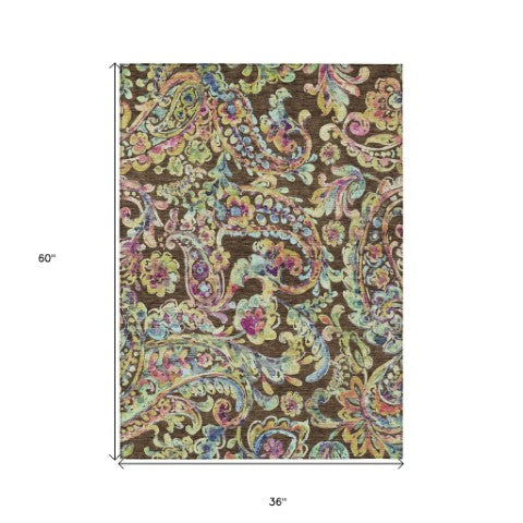 Homeroots 3' Artichoke Green And Pink Paisley Washable Area Rug - Perfect For Indoor And Outdoor Spaces! 3' X 5' Polyester 588600
