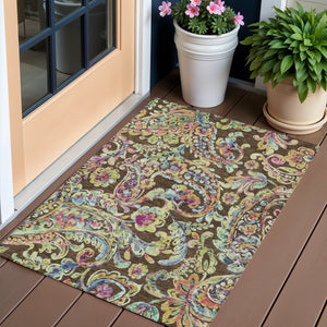 Homeroots 3' Artichoke Green And Pink Paisley Washable Area Rug - Perfect For Indoor And Outdoor Spaces! 3' X 5' Polyester 588600
