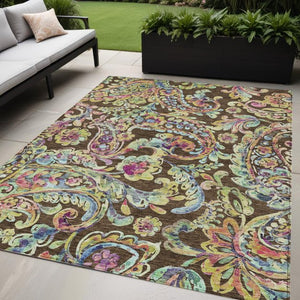 Homeroots 3' Artichoke Green And Pink Paisley Washable Area Rug - Perfect For Indoor And Outdoor Spaces! 5' X 8' Polyester 588601