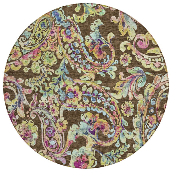 HomeRoots 5' Elegant Chocolate and Artichoke Green Paisley Washable Area Rug for Indoor and Outdoor Spaces 8' Round 588602