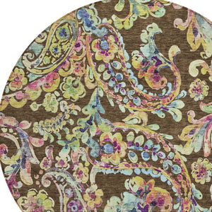 Homeroots 3' Artichoke Green And Pink Paisley Washable Area Rug - Perfect For Indoor And Outdoor Spaces! 8' Round Polyester 588602