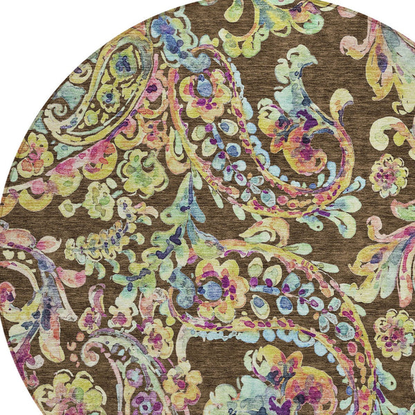 Homeroots 3' Artichoke Green And Pink Paisley Washable Area Rug - Perfect For Indoor And Outdoor Spaces! 8' Round Polyester 588602