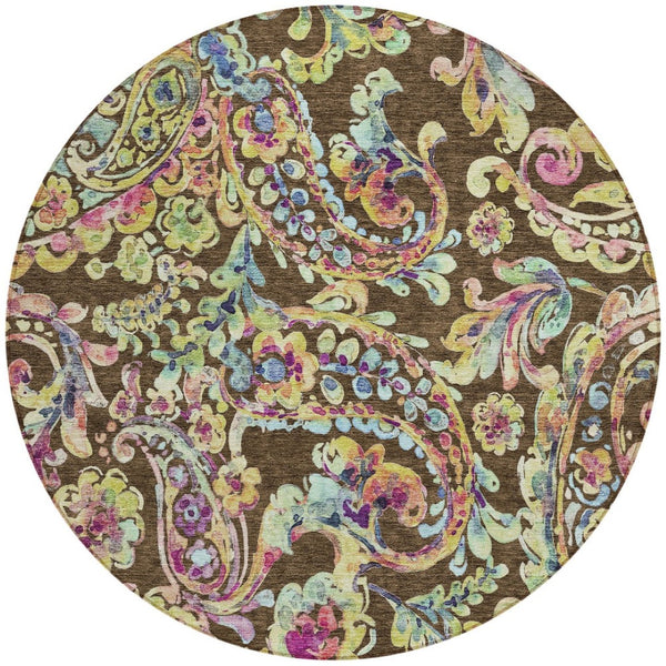 Homeroots 3' Artichoke Green And Pink Paisley Washable Area Rug - Perfect For Indoor And Outdoor Spaces! 8' Round Polyester 588602