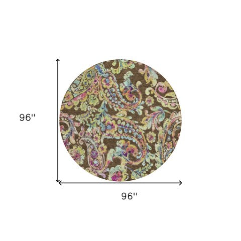 Homeroots 3' Artichoke Green And Pink Paisley Washable Area Rug - Perfect For Indoor And Outdoor Spaces! 8' Round Polyester 588602