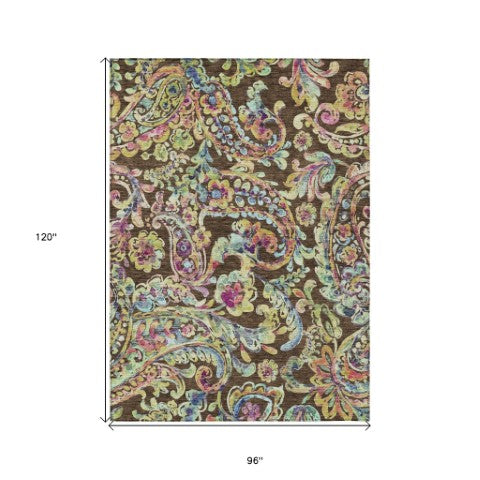 Homeroots 3' Artichoke Green And Pink Paisley Washable Area Rug - Perfect For Indoor And Outdoor Spaces! 8' X 10' Polyester 588603