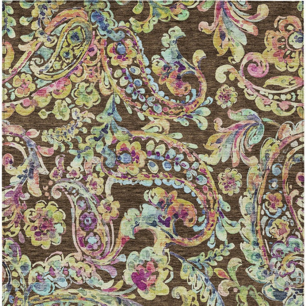 Homeroots 3' Artichoke Green And Pink Paisley Washable Area Rug - Perfect For Indoor And Outdoor Spaces! 9' X 12' Polyester 588604
