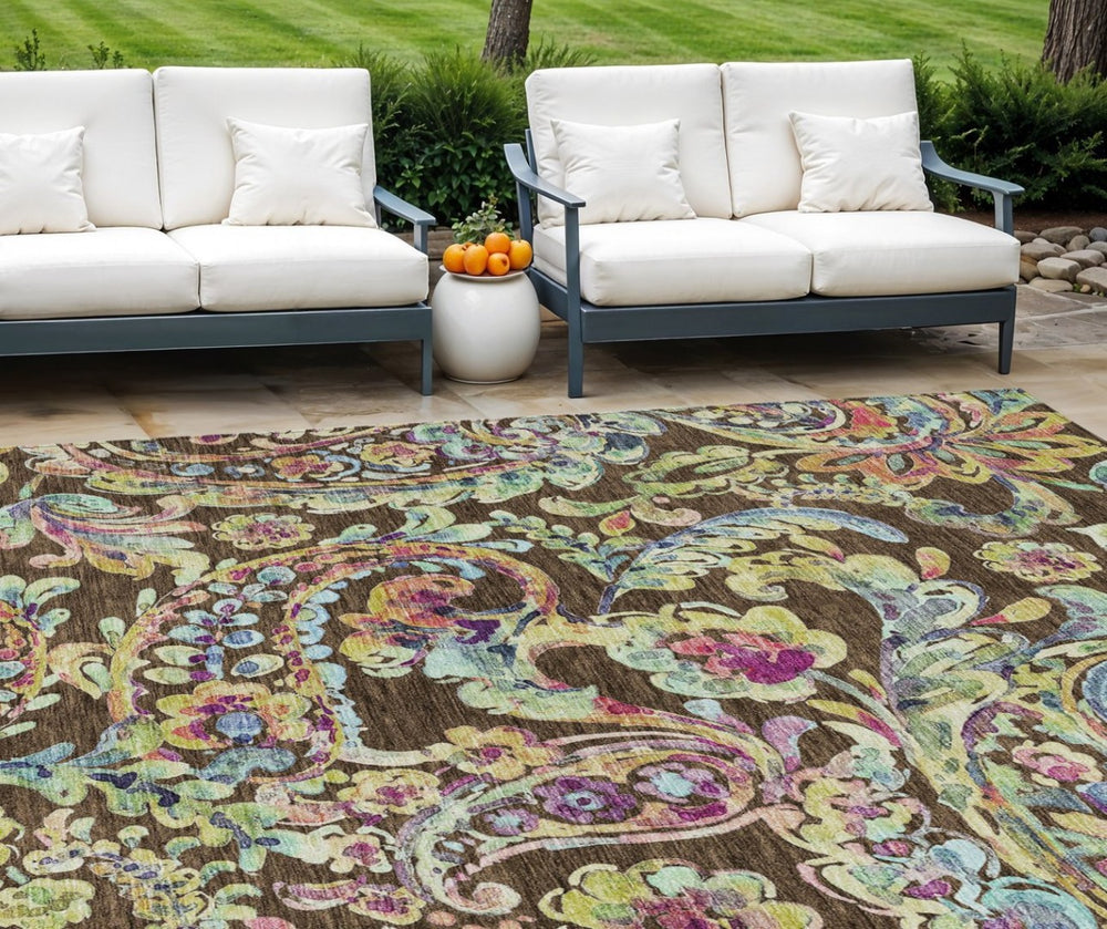 HomeRoots 9' Timeless Chocolate and Artichoke Green Paisley Washable Area Rug for Indoor and Outdoor Use 9' X 12' 588604