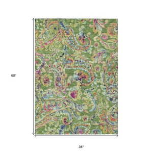 Homeroots 3' Artichoke Green And Pink Paisley Washable Area Rug - Perfect For Indoor And Outdoor Spaces! 3' X 5' Polyester 588606