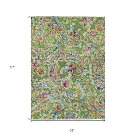 Homeroots 3' Artichoke Green And Pink Paisley Washable Area Rug - Perfect For Indoor And Outdoor Spaces! 3' X 5' Polyester 588606