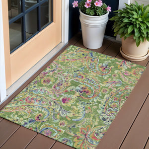 Homeroots 3' Artichoke Green And Pink Paisley Washable Area Rug - Perfect For Indoor And Outdoor Spaces! 3' X 5' Polyester 588606