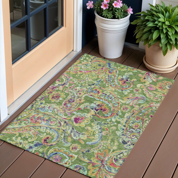 Homeroots 3' Artichoke Green And Pink Paisley Washable Area Rug - Perfect For Indoor And Outdoor Spaces! 3' X 5' Polyester 588606
