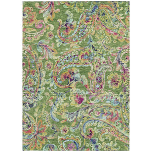 Homeroots 3' Artichoke Green And Pink Paisley Washable Area Rug - Perfect For Indoor And Outdoor Spaces! 5' X 8' Polyester 588607