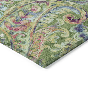 Homeroots 3' Artichoke Green And Pink Paisley Washable Area Rug - Perfect For Indoor And Outdoor Spaces! 5' X 8' Polyester 588607