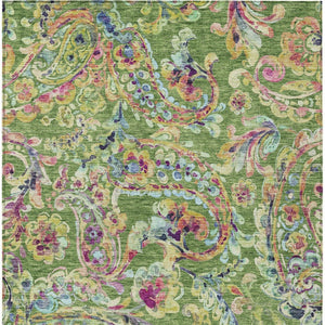 Homeroots 3' Artichoke Green And Pink Paisley Washable Area Rug - Perfect For Indoor And Outdoor Spaces! 5' X 8' Polyester 588607