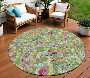 Homeroots 3' Artichoke Green And Pink Paisley Washable Area Rug - Perfect For Indoor And Outdoor Spaces! 8' Round Polyester 588608