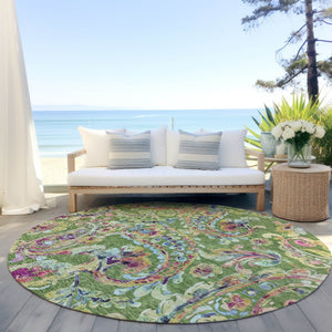 Homeroots 3' Artichoke Green And Pink Paisley Washable Area Rug - Perfect For Indoor And Outdoor Spaces! 8' Round Polyester 588608