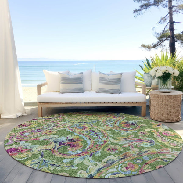 Homeroots 3' Artichoke Green And Pink Paisley Washable Area Rug - Perfect For Indoor And Outdoor Spaces! 8' Round Polyester 588608