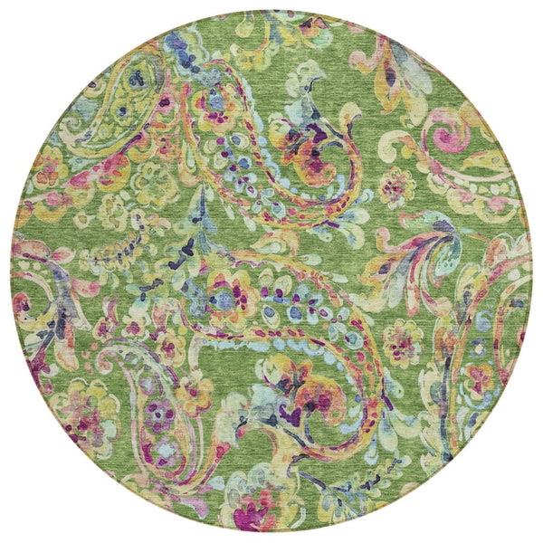 HomeRoots 5' Paisley Indoor Outdoor Area Rug in Fern and Artichoke Green - Durable, Washable, Stylish Decor 8' Round 588608