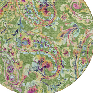 Homeroots 3' Artichoke Green And Pink Paisley Washable Area Rug - Perfect For Indoor And Outdoor Spaces! 8' Round Polyester 588608