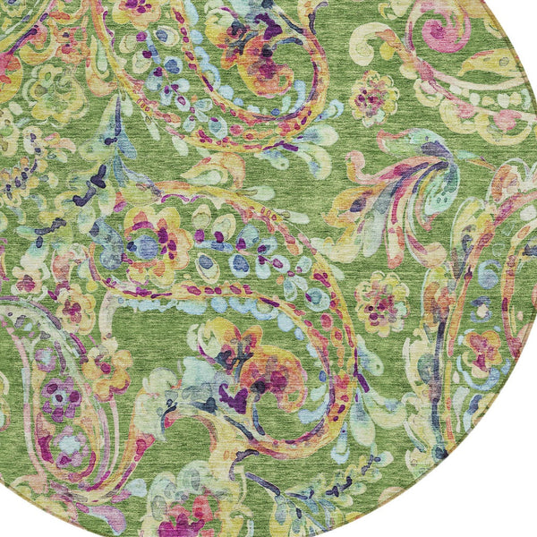 Homeroots 3' Artichoke Green And Pink Paisley Washable Area Rug - Perfect For Indoor And Outdoor Spaces! 8' Round Polyester 588608