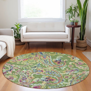 Homeroots 3' Artichoke Green And Pink Paisley Washable Area Rug - Perfect For Indoor And Outdoor Spaces! 8' Round Polyester 588608