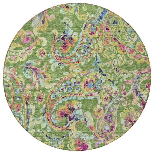 Homeroots 3' Artichoke Green And Pink Paisley Washable Area Rug - Perfect For Indoor And Outdoor Spaces! 8' Round Polyester 588608