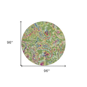 Homeroots 3' Artichoke Green And Pink Paisley Washable Area Rug - Perfect For Indoor And Outdoor Spaces! 8' Round Polyester 588608